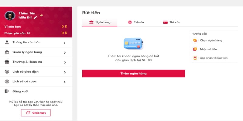 Rút tiền net88 về tài khoản ngân hàng