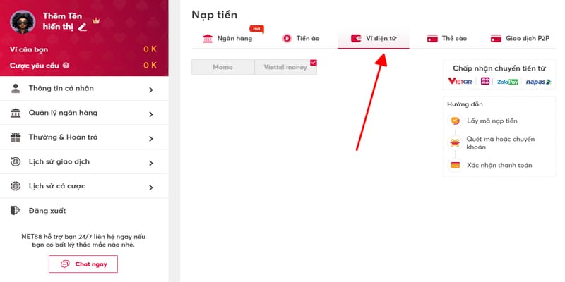 Nạp tiền Net88 qua ví điện tử