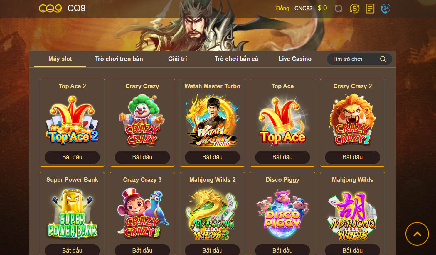 Danh sách game sảnh CQ9 Kubet